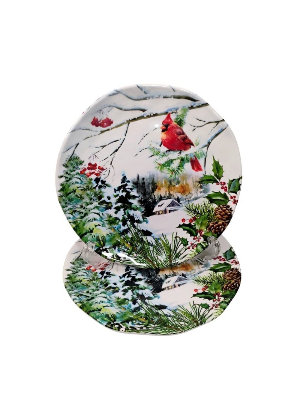 Set of 2 Michel Design Works Melamine Winter Wonderland 8" Plates w/Red Cardinal
